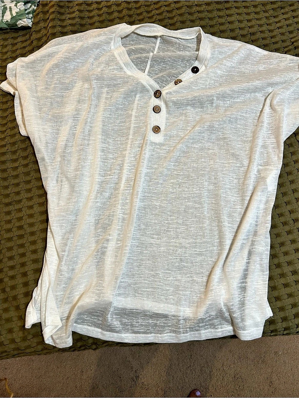 Nine West Women's Short Sleeve Front Button Slub Henley Top White
